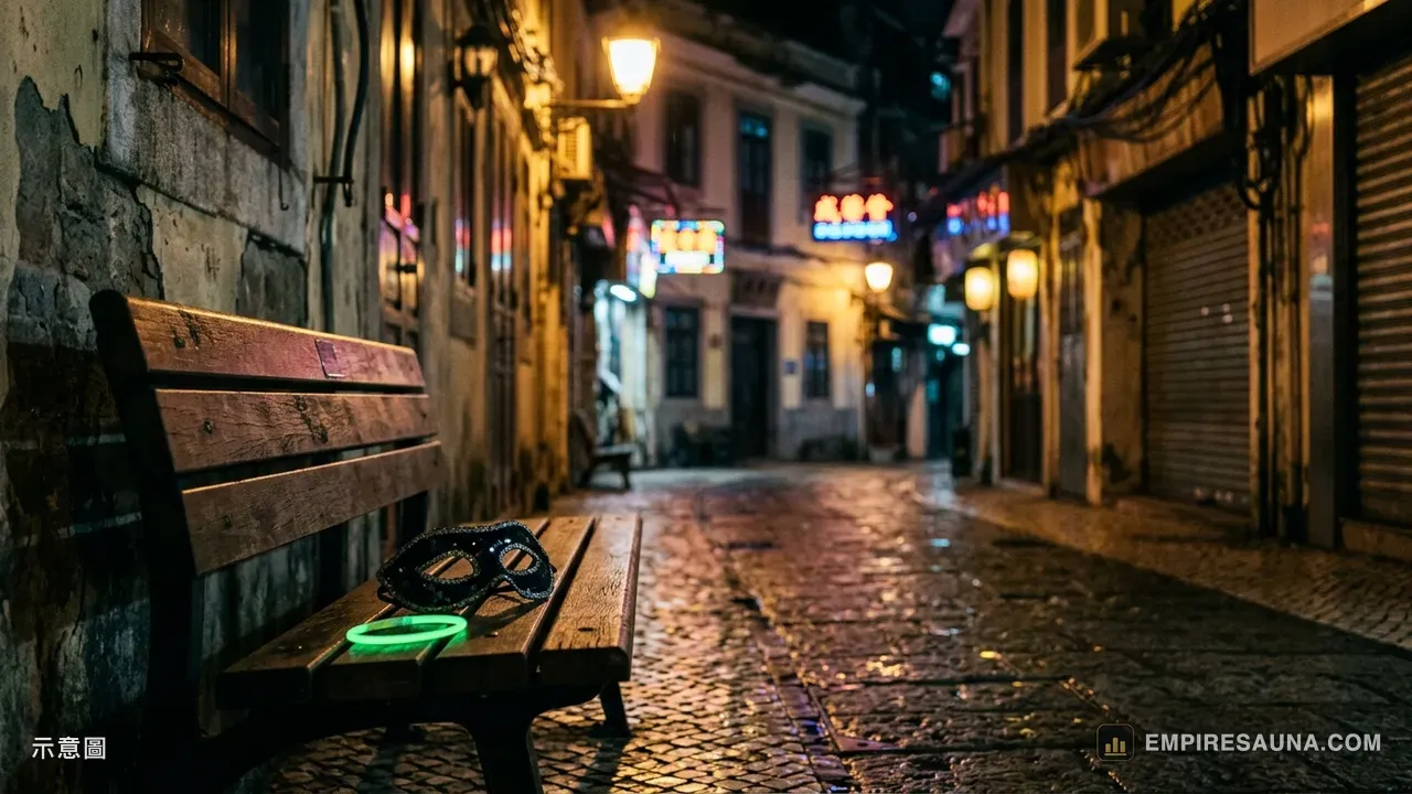 深夜澳門舊街的石板路旁，一張木長椅上放著一個黑色萬聖節眼罩面具和一個發著綠光的螢光手環，背景是模糊的路燈與霓虹（示意圖）
